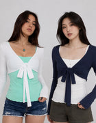 Women's Cute Full Sleeve T-Shirt Cami Top Two Piece Set Cardigan Casual Breathable Anti-UV Eco-Friendly Knitted Summer Student