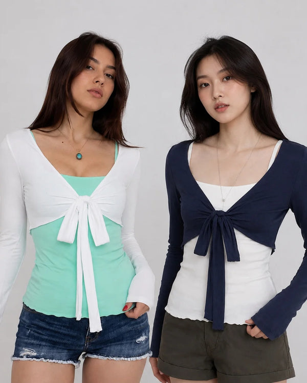 Women's Cute Full Sleeve T-Shirt Cami Top Two Piece Set Cardigan Casual Breathable Anti-UV Eco-Friendly Knitted Summer Student