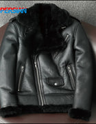 2023 New Men's Winter Oblique Zipper Fur Conjoined Men's Leather Jacket Fur Lapel Motorcycle Fur Coat