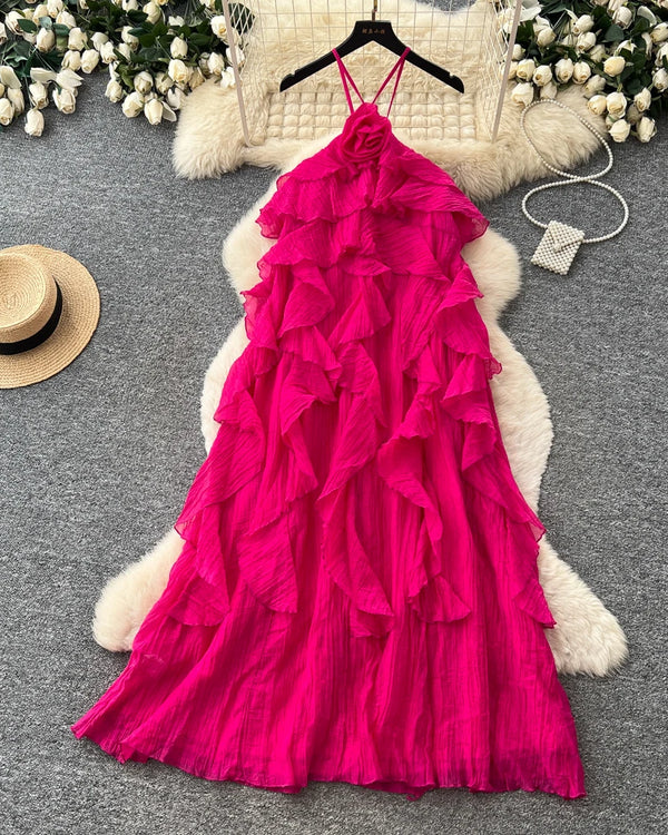 Summer Roman Casual Maxi Dress for Women Sleeveless High Waist Ruffled Dress