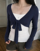 Women's Long Sleeve Tie Front Crop Shrug Cardigan Soft Stretch Bolero Open Front Ballet Cover Up Casual Y2K Top