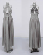 Elegant Gray Halter Cutout Maxi Dress Women Ruched Waist Self Tie Sash Backless Flowy Pleated Long Evening Bridesmaid Wholesale