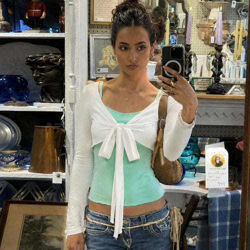 BM Style Sweet Hot Y2K Color Block Mint Green Halter Camisole with Tie Front Cardigan Two Piece Set for Women
