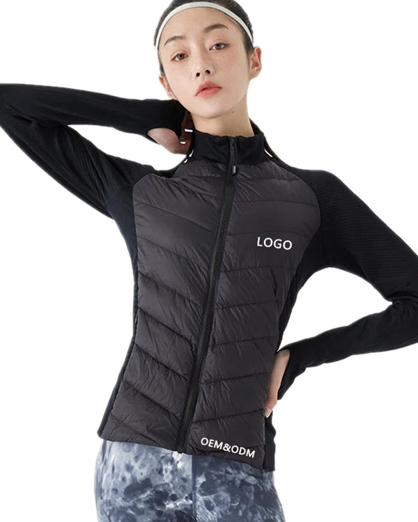 Xsunwing Women Full Zipper Sportswear Long-Sleeved Standing-collar Outdoor Running Jackets Yoga Warm Down Coat With Thumb Hole
