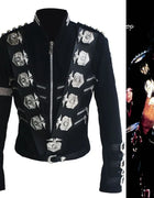 Impersonator Michael Jackson Costumes Jacket Stuff BAD Black With Silver Eagle Badges Punk Metal woolen Clothing