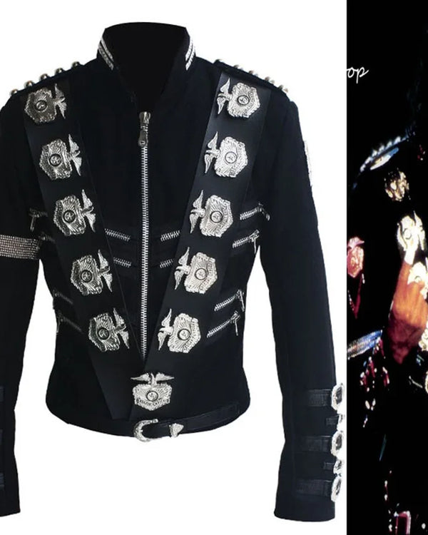 Impersonator Michael Jackson Costumes Jacket Stuff BAD Black With Silver Eagle Badges Punk Metal woolen Clothing