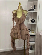 In stock for 2025, Evening European and American women's clothing, sleeveless V-neck, halter, irregular tassel, backless
