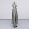 Elegant Gray Halter Cutout Maxi Dress Women Ruched Waist Self Tie Sash Backless Flowy Pleated Long Evening Bridesmaid Wholesale