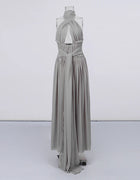 Elegant Gray Halter Cutout Maxi Dress Women Ruched Waist Self Tie Sash Backless Flowy Pleated Long Evening Bridesmaid Wholesale