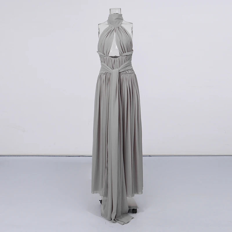 Elegant Gray Halter Cutout Maxi Dress Women Ruched Waist Self Tie Sash Backless Flowy Pleated Long Evening Bridesmaid Wholesale