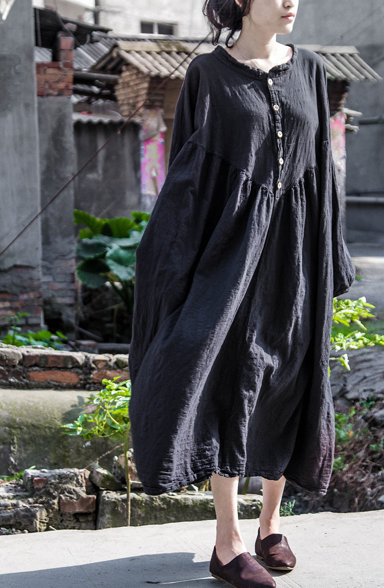 2024 New Vintage Artistic Cotton Linen Lantern Sleeve Long Sleeve Dress Slimming Zen Robe