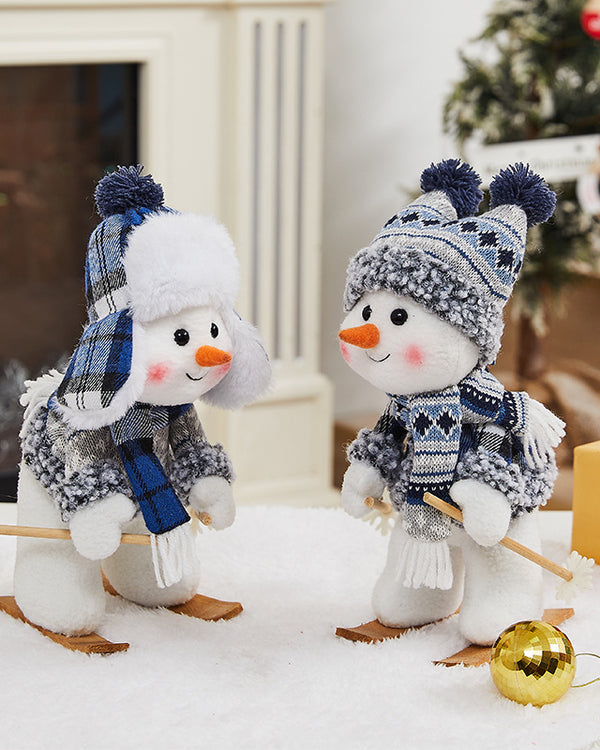 Cross Border Christmas Decorations Ski Snowman Doll Desktop Doll Blue Gauge Fabric Christmas Iron Feet Snowman Ornaments