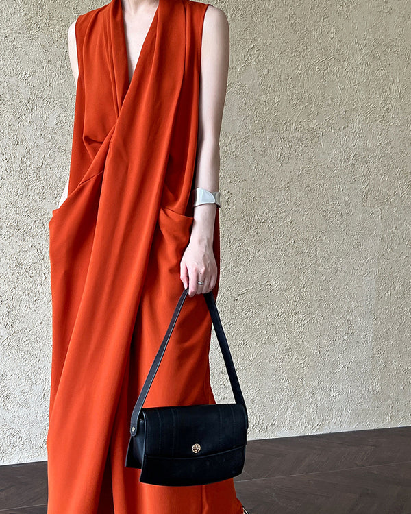 Luxi Elegant V-neck Sleeveless Kink Waist dress Women's Slimming Irregular High-end Hong Kong-style Long Skirt 3985