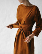 2023 new cotton and linen dress long sleeve off-neck lace-up dress