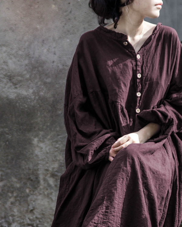 2024 New Vintage Artistic Cotton Linen Lantern Sleeve Long Sleeve Dress Slimming Zen Robe