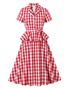 European and American Amazon cross-border suit collar plaid retro ruffled strap waist Hepburn style women's dress
