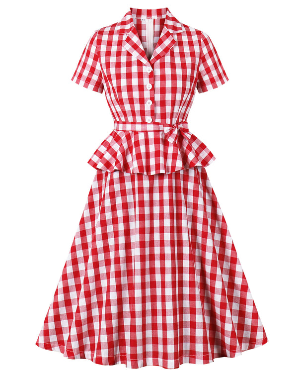 European and American Amazon cross-border suit collar plaid retro ruffled strap waist Hepburn style women's dress