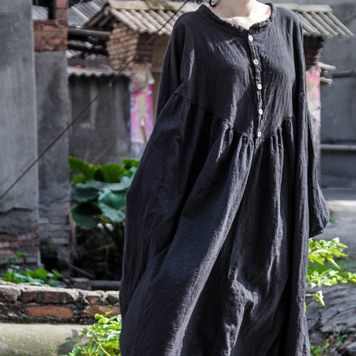 2024 New Vintage Artistic Cotton Linen Lantern Sleeve Long Sleeve Dress Slimming Zen Robe