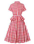 European and American Amazon cross-border suit collar plaid retro ruffled strap waist Hepburn style women's dress