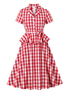 European and American Amazon cross-border suit collar plaid retro ruffled strap waist Hepburn style women's dress