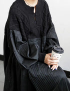 2025 Japanese Style Autumn New Pleated Diamond Pattern Sweater Spliced Long Dress in Stock