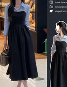 Plus Size Early Autum New Women's Fake Two-Piece Shirt Black Long-Sleeved Dress High-End Matching Set