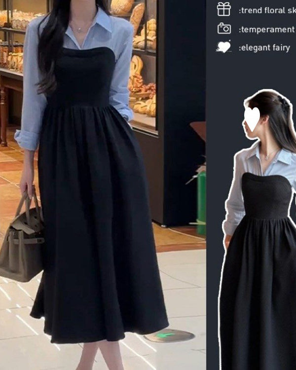 Plus Size Early Autum New Women's Fake Two-Piece Shirt Black Long-Sleeved Dress High-End Matching Set