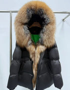 Hooded White Goose Down Coat Women Loose Female Thick Reality Fur Jacket New Autumn Fox Fur Winter Warm Natural Puffer Jacket