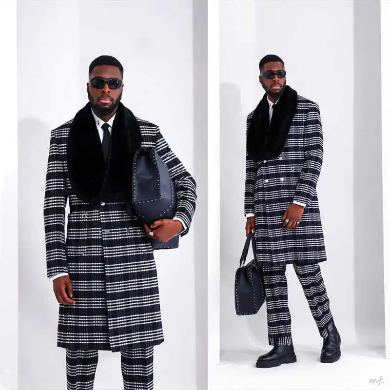 High Quality Plaid Men Long Overcoat 2 Piece Coat Pants Double Breasted Woolen Blend Winter Warm Overcoat Customized