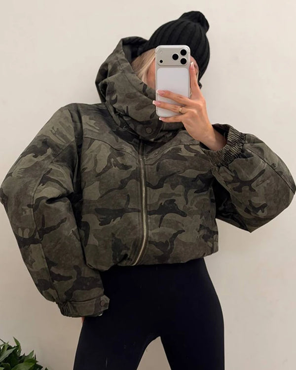 Women Camo Print Cropped Puffer Jacket Hooded Half Zip High Neck Elastic Cuff 2026 Winter Streetwear Short Chic Women Outerwear