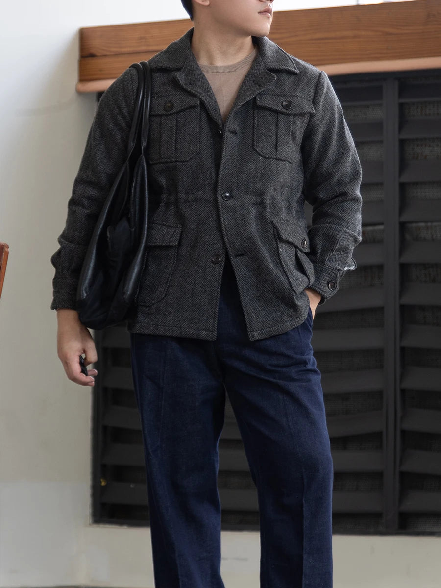 Self-made Pure Wool Fishbone Tweed Classic Flannel Old Money Style Hunting Jacket Hunting Wear Gentlemen's Coat