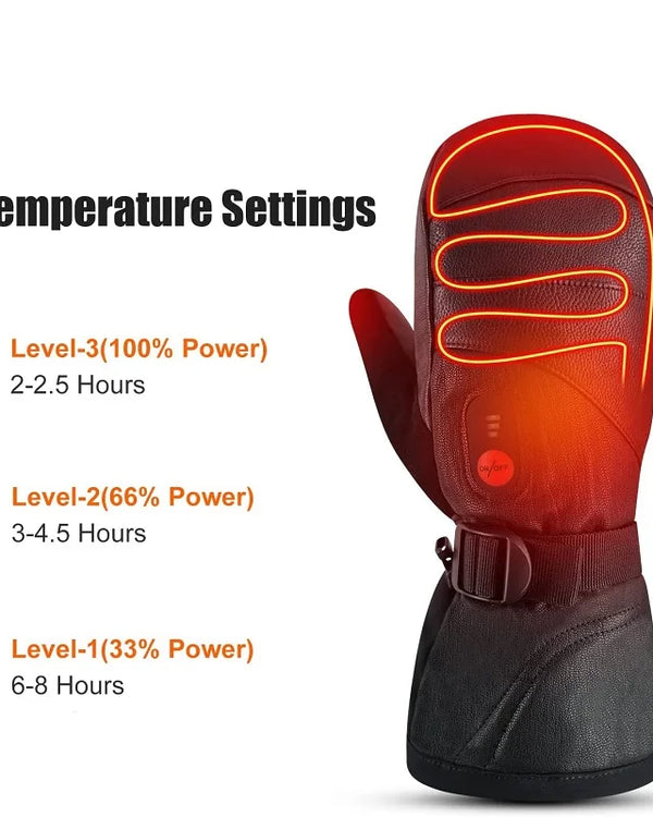 Winter Ski Snowboard Gloves Rechargeable Heated Thermal Leather Waterproof High Temperature Mittens With Battery Woman Men Black