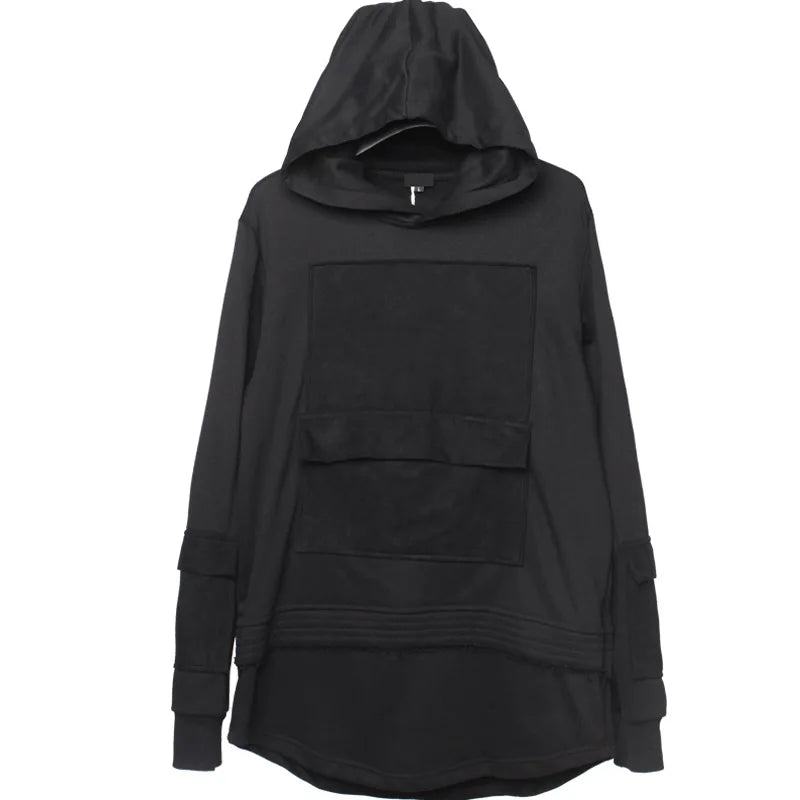 Harajuku Hoodie for Men Patchwork Design Black Sweatshirt Slim 2026 Autumn Dark Cotton Pullover Streetwear Men Clothing
