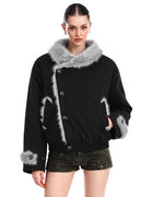 Women's Winter Padded Coat Black Faux Mink Fur Collar Asymmetrical Wrap-Front Thick Warm Waist-Slimming Puffer Jacket Women