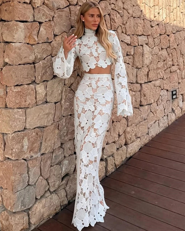 Weird Puss Fashion Jacquard Hollow 2 Piece Set Women Sexy Turtleneck Puff Sleeve Crop Top+Long Skirts Elegant Party Club Suits