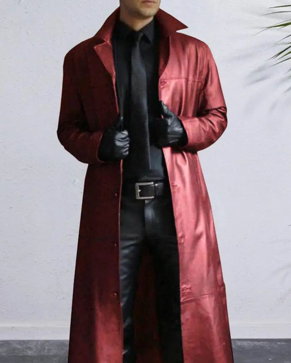 Plus Size Autumn Winter Long Faux Leather Jacket Men Collar Long Sleeve Single Breasted Leather Jacket Windbreaker Outerwear