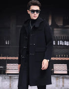 Mens 100% Wool Trench Overcoat Vintage Horn Button Hooded Long Coat Double Faced Sheep Fur Loose Fit Windbreaker Woolen Blends