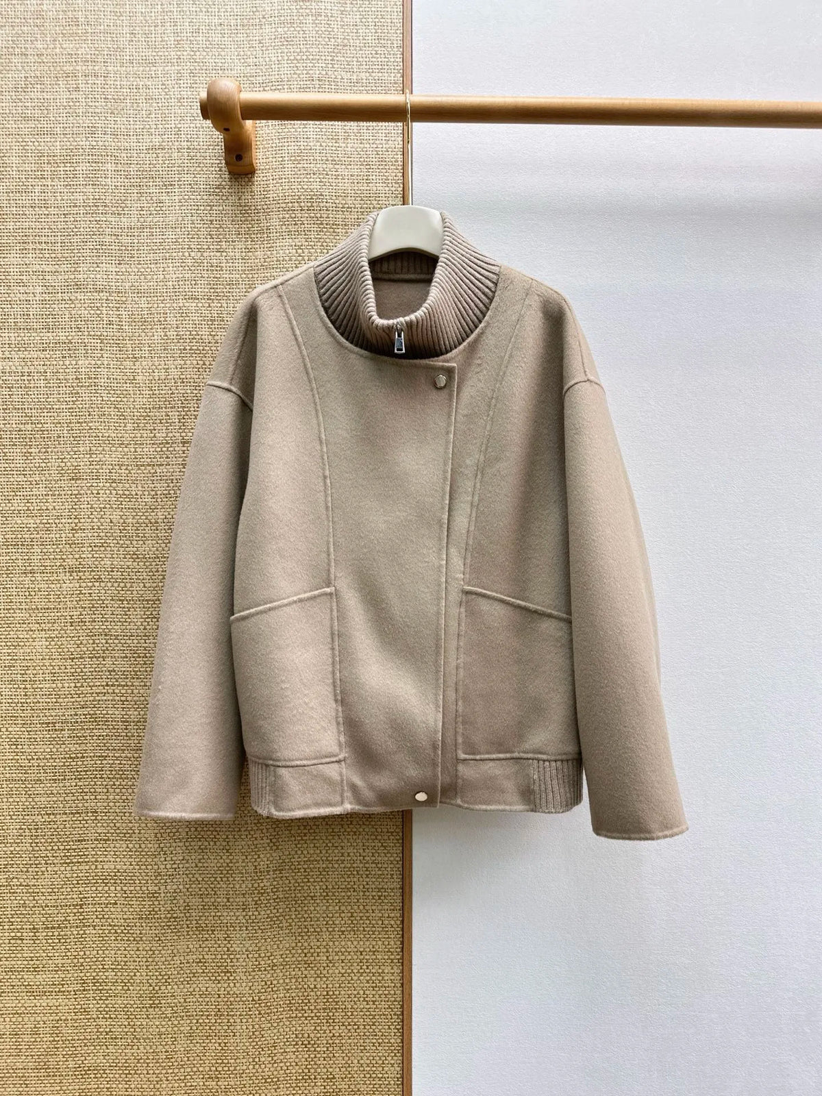 Ribbed Knit Stand Collar Reversible Wool Jacket, 2026 Autumn Winter Women Outerwear