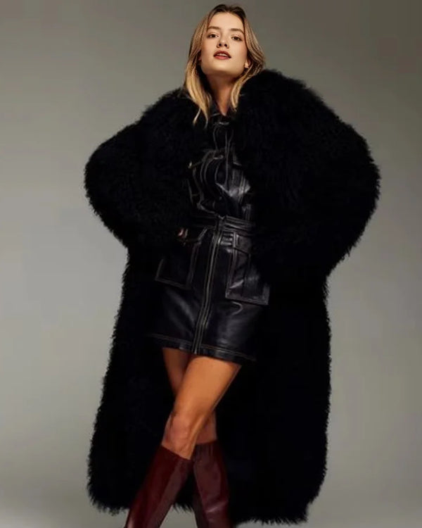 Women's Lambskin Coats Real Lamb Fur Coat Black Mongolian Fur Warm Winter Real Sheep Fur Long Coat