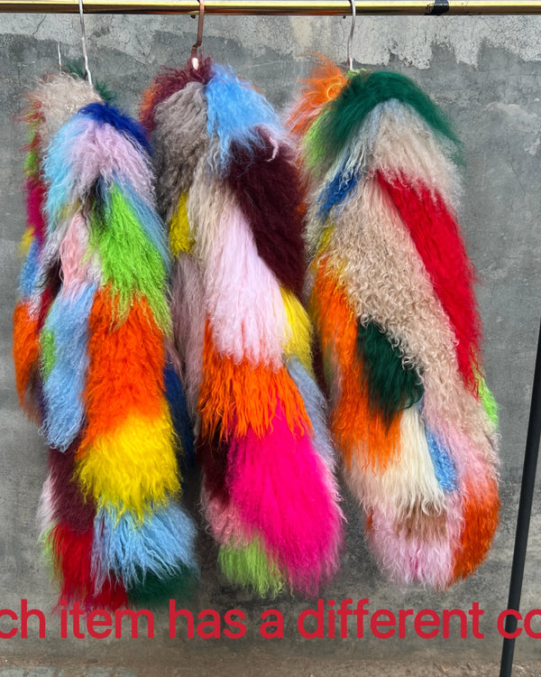 Aulande Women Real Mongolian Sheepskin Fur Coat V Neck Multi‑Color Spliced Genuine Curly Fur Jacket Ladies Luxury Winter