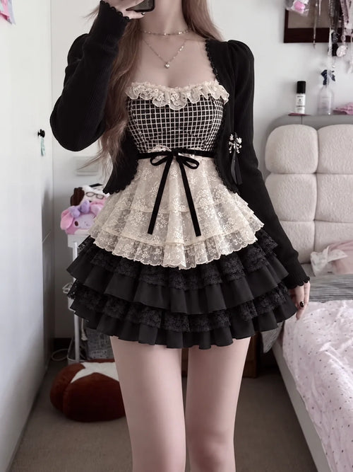 2026 Japanese Sweet Preppy Style Women Kawaii Lace Patchwork Bow Tops Y2K Mini Skirt Elegant Fashion Outfits New Vintage Chic