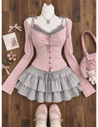Japanese Sweet Preppy Style 2 Piece Set Women Kawaii Lace Patchwork Bow Tops + Y2k Plaid Mini Skirt Elegant Fashion Outifits New