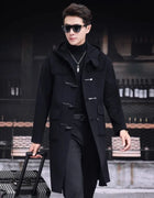 Mens 100% Wool Trench Overcoat Vintage Horn Button Hooded Long Coat Double Faced Sheep Fur Loose Fit Windbreaker Woolen Blends