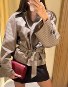 Plaid Cropped Trench Coat Lapel Collar Double Breasted Belted Waist Long Sleeve Women All-match Coats 2026 Autumn Commute Outfit