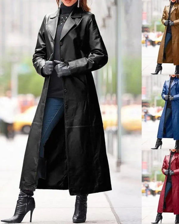 2020 Women Autumn Winter Solid Color Faux Leather Long Slim Wind Coat Windbreaker Women's Clothing женская куртка femme veste