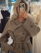 Women Plaid Short Trench Coat Lapel Double Breasted Belted Waist Long Sleeve Cropped Windbreaker Casual Outerwear Jacket