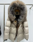 Hooded White Goose Down Coat Women Loose Female Thick Reality Fur Jacket New Autumn Fox Fur Winter Warm Natural Puffer Jacket
