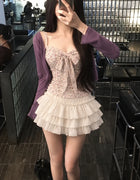 Japanese Sweet Preppy Women Two Piece Set Kawaii Lace Bow Tops Mini Skirt Korean American Retro Subculture Cute Fashion Outfits