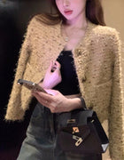 French Style Yellow Sequins Tweed Jacket for Women Elegant Round Neck Crop Coat Autumn Woman Autumn Chic Long Sleeve Outerwear