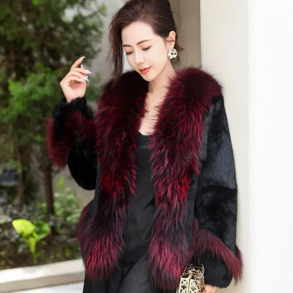 Women Winter Real Rabbit Fur Coat With Raccoon Fur Trimming Fashion Warm Luxury Long Sleeve Genuine Fur Jacket Female Outwear